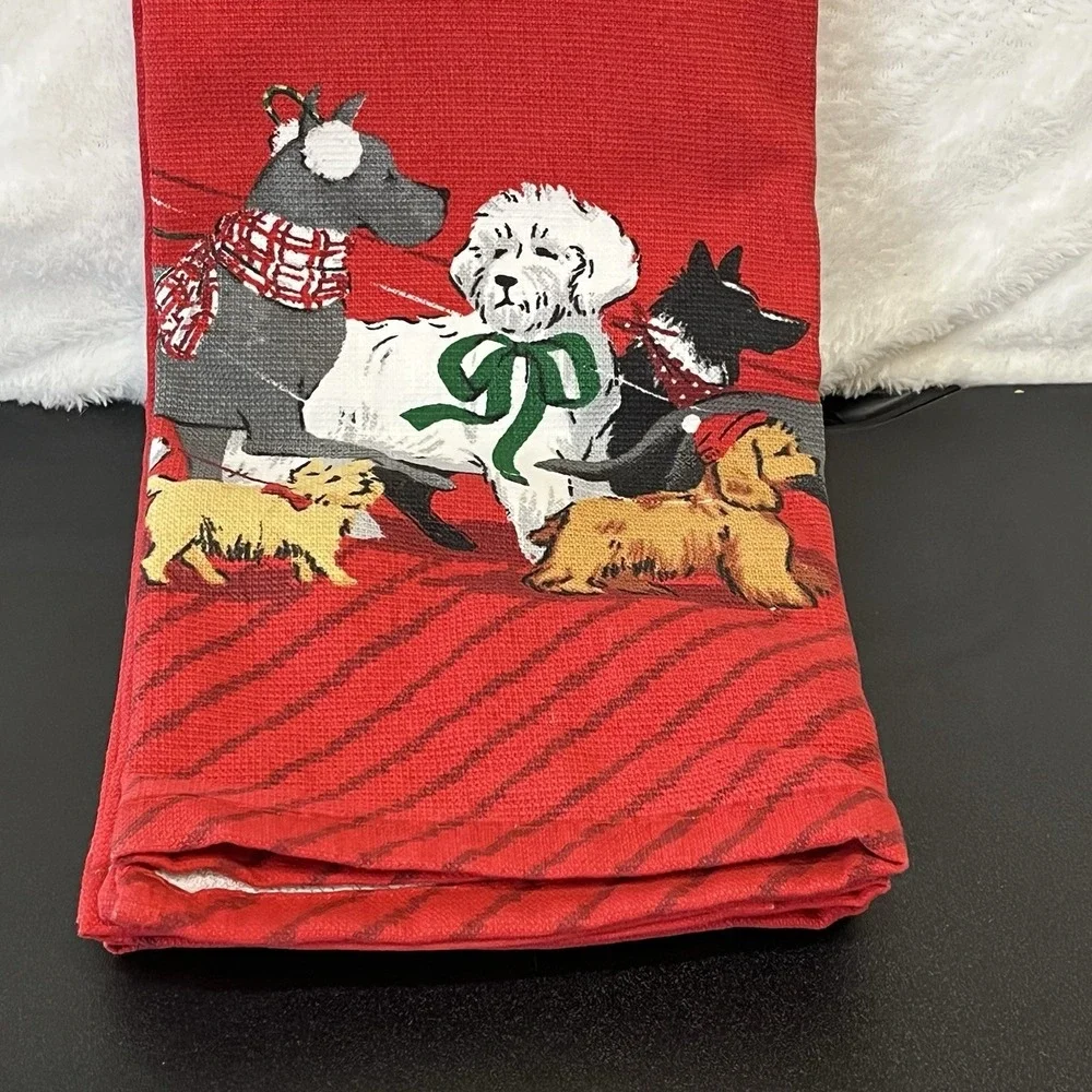 Christmas Kitchen Hand Towels Tea Towel Dog Red Assorted Dogs New w/ Flaw Lot 2